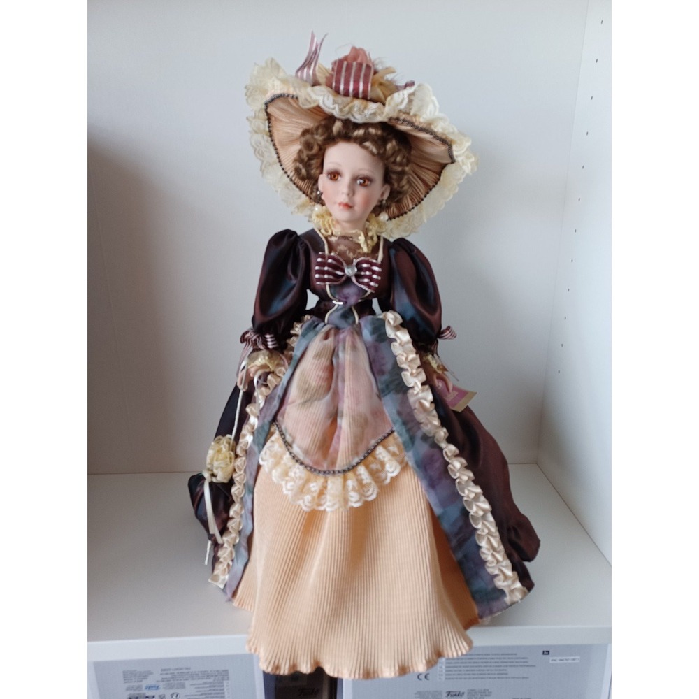 Vintage Porcelain Doll In Fancy Dress Hat About 17" Tall With Stand Collectible